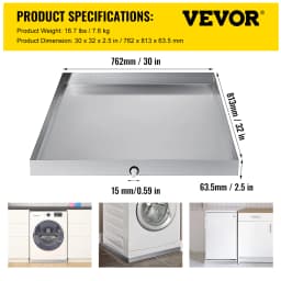 VEVOR Multi-Size Washing Machine Pan Stainless Steel Drip Drain Floor Overflow Catch With Welded Corners Drain Adapter Home Use