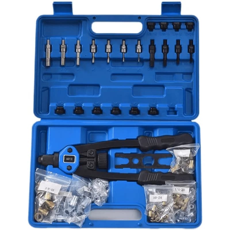 150PCS Professional Hand Rivnut Nut Thread Riveter Gun Repair Tool Set, 13” Rivnut Tool Kit with 11 Metric and SAE Mandrels