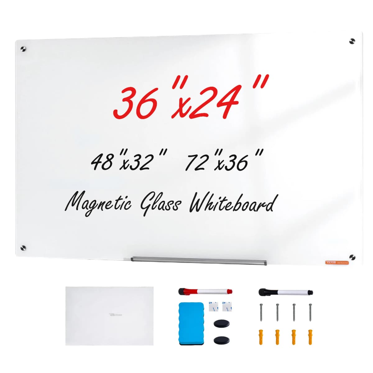 SucceBuy Magnetic Glass Whiteboard 36"x24"/48"x32"/72"x36" Dry Erase Board Wall-Mount Large Frameless Glassboard for School Office