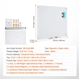 SucceBuy Magnetic Glass Whiteboard 36"x24"/48"x32"/72"x36" Dry Erase Board Wall-Mount Large Frameless Glassboard for School Office