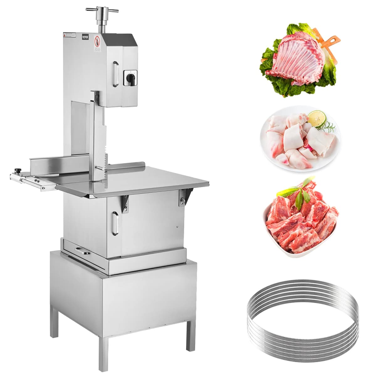 SucceBuy Commercial Electric Meat Bandsaw Stainless Steel Vertical Bone Sawing Frozen Meat Cutter with 6 Blades for Pork Beef