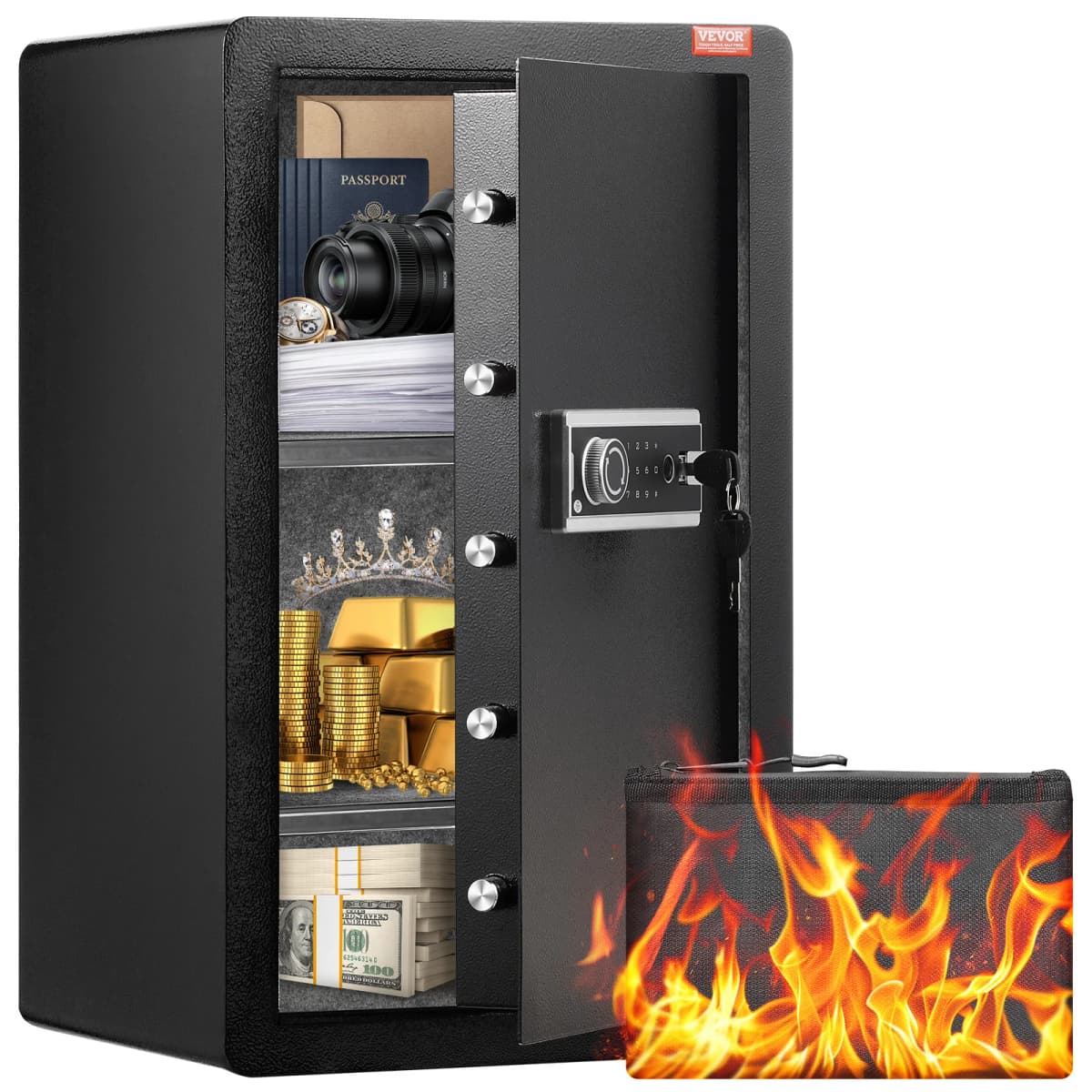 SucceBuy Single Door 4.0 cu.ft Safe Box w/ Key Lock Password & Fingerprint Safe Lock Box with Fireproof Bag Key Rack & LED Light