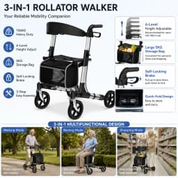 Foldable Rollator Walker With Seat, Walker For Seniors With Durable Aluminum, 8" Big Wheels For All Terrain