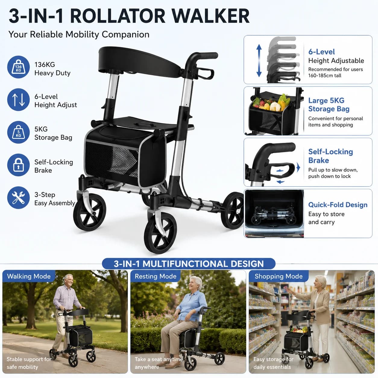 Foldable Rollator Walker With Seat, Walker For Seniors With Durable Aluminum, 8" Big Wheels For All Terrain