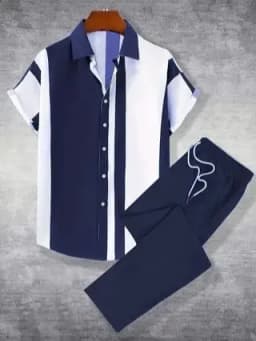 2-Piece Printed Men's Summer Short-Sleeved Button-Down Shirt and Pants Set