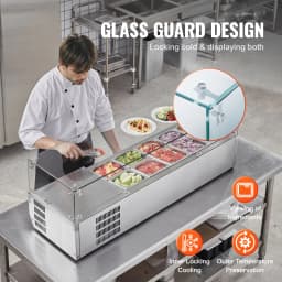 SucceBuy Refrigerated Condiment Prep Station with 3 1/3 Pans & 4 1/6 Pans 304 Stainless Body and PC Lid with Glass Guard ETL