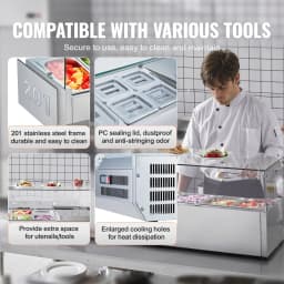 SucceBuy Refrigerated Condiment Prep Station with 3 1/3 Pans & 4 1/6 Pans 304 Stainless Body and PC Lid with Glass Guard ETL