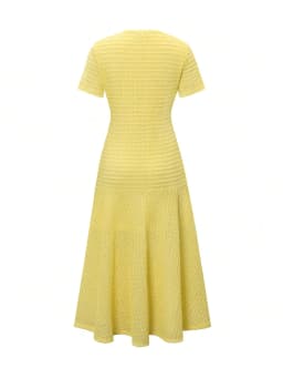 Yellow Textured Knit Midi Dress with Front Buttons and Faux Pockets