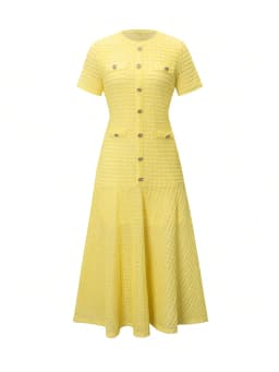 Yellow Textured Knit Midi Dress with Front Buttons and Faux Pockets