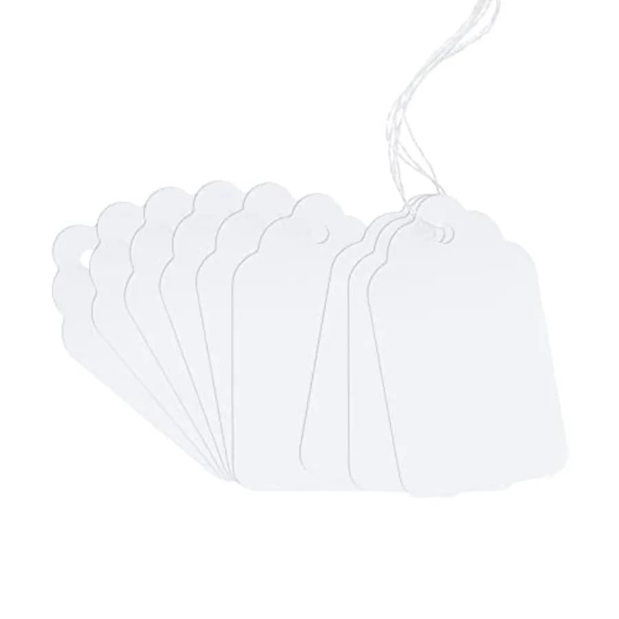 100 Marking Tags - White Price Tags with String Display Labels for Jewelry 2.75 x 1.57 Inches Lightweight Plastic Clear Visibil