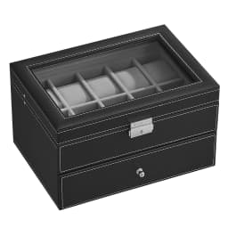 SONGMICSHOME Watch Box Black Synthetic Leather 20-Slot Watch Case with Glass Lid 2 Layers Lockable Watch Display Case