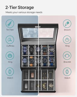 SONGMICSHOME Watch Box Black Synthetic Leather 20-Slot Watch Case with Glass Lid 2 Layers Lockable Watch Display Case