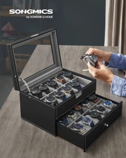 SONGMICSHOME Watch Box Black Synthetic Leather 20-Slot Watch Case with Glass Lid 2 Layers Lockable Watch Display Case