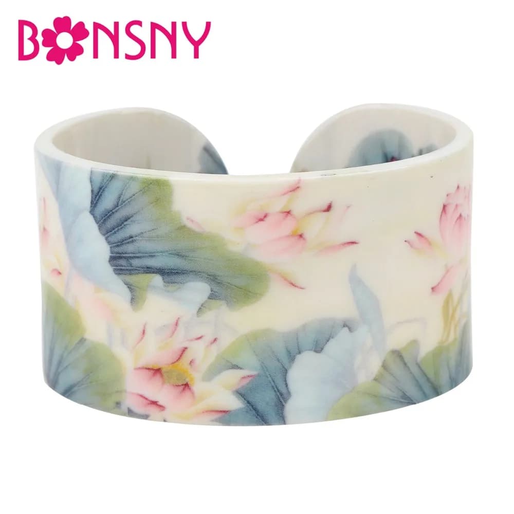 Bonsny Plastic Chinese Lotus Ink and Wash Painting Bangles Bracelets Traditional Ethnic Jewelry For Women Girls Ladies Wholesale