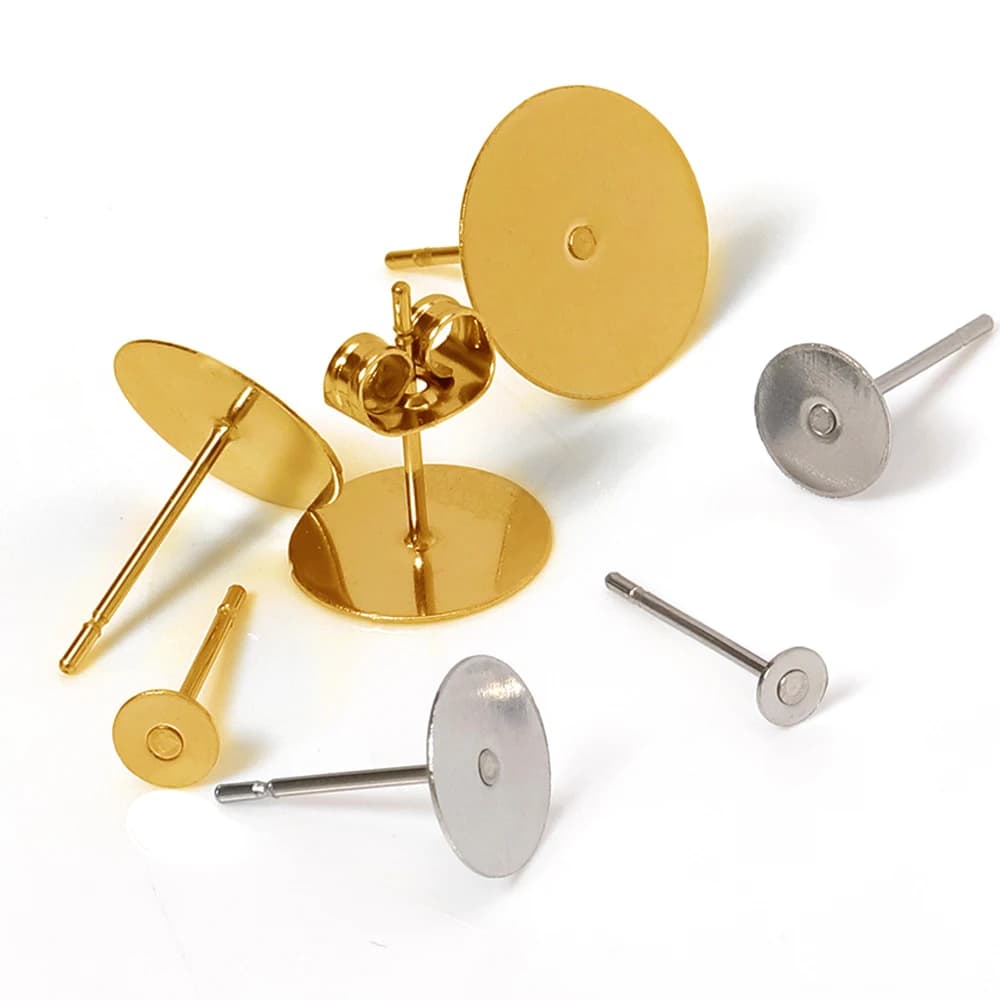 100pcs Gold Color 316L Stainless Steel Earring Studs DIY Ear Blank Post Pins 3-12mm Flat Round Tray Base Ear Jewelry Making DIY