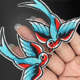 Phenix Birds Azure Blue Pink Gold Embroidered Appliques Iron-On Patches Pair