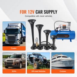 SucceBuy Train Horns Kit 4 Trumpet Air Horn Kit 150dB Train Horns 12V Air Compressor with 3/6/10L Tank, for Pickup Trucks Train