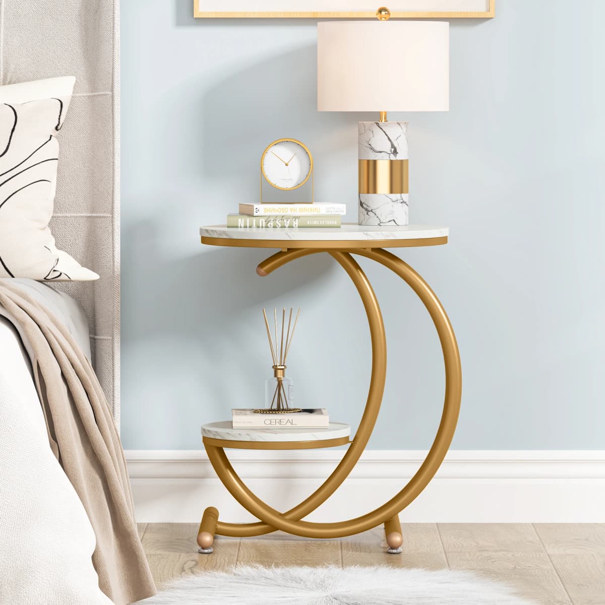 Tribesigns Faux Marble Side Table, 2-Tier Round End Table with Storage Shelf, Small Accent Table, Modern Nightstand Bedside Tabl