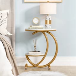 Tribesigns Faux Marble Side Table, 2-Tier Round End Table with Storage Shelf, Small Accent Table, Modern Nightstand Bedside Tabl