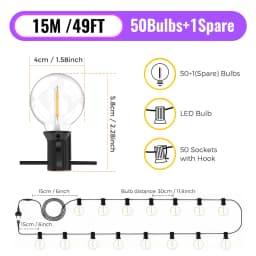 Outdoor LIGHT, 15M LED light string with 50 light bulbs, IP44 waterproof outdoor and indoor decorative light  used for garden