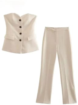 HH Women Elegant Solid Pant Suit Front Button Strapless Sexy Tank Tops + Side Slit Trouser Female Fashion Streetwear Sets