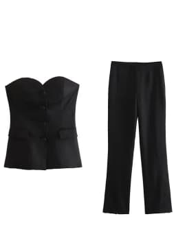 HH Women Elegant Solid Pant Suit Front Button Strapless Sexy Tank Tops + Side Slit Trouser Female Fashion Streetwear Sets