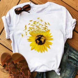 Maycaur Women's T-shirt Casual Kawaii Sunflower Butterfly Pattern Print Tshirt Comfortable Casual Women's Clothing Black Top