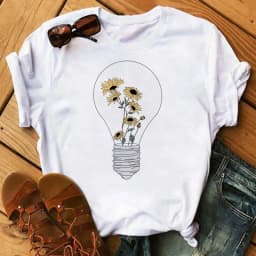Maycaur Women's T-shirt Casual Kawaii Sunflower Butterfly Pattern Print Tshirt Comfortable Casual Women's Clothing Black Top