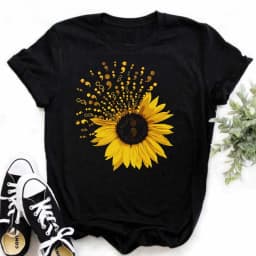 Maycaur Women's T-shirt Casual Kawaii Sunflower Butterfly Pattern Print Tshirt Comfortable Casual Women's Clothing Black Top