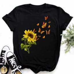 Maycaur Women's T-shirt Casual Kawaii Sunflower Butterfly Pattern Print Tshirt Comfortable Casual Women's Clothing Black Top