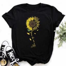 Maycaur Women's T-shirt Casual Kawaii Sunflower Butterfly Pattern Print Tshirt Comfortable Casual Women's Clothing Black Top