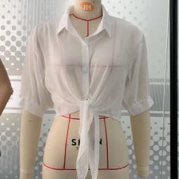 Casual Loose Hollow White Clothes Elegant Solid Color Tied Waist Blouse Women Summer Bat Half Sleeve Button Chiffon Shirt 9776