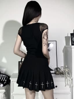 Vintage Tops Goth T-shirt Women Bodycon Bandage Lace Black T-shirts Gothic Streetwear Sexy Female Top Casual Mesh Tee