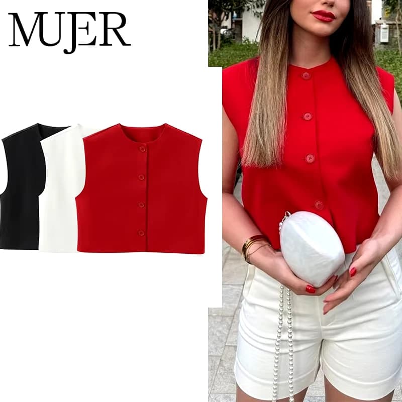 MUJER Red Sleeveless Vest Woman Button Black White Cropped Vest Women Summer Casual Short Coats Waistcoat Women's Fashion Vests
