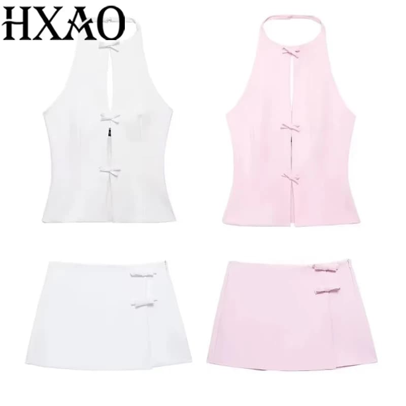 HXAO Bow Two Piece Set Backless Halter Women Top And Mid Waist Lady Skirt New In 2024 Summer Fashion Casual Office Lady Set