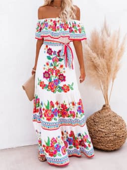 2024 Spring Summer Women's New Sexy One Shoulder Off Shoulder Fashion Red Flower Printed Lace Up Waist Long Swing Dress