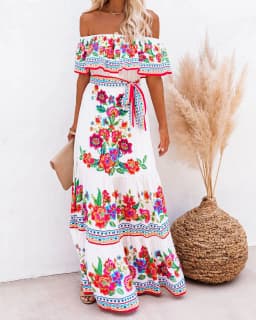 2024 Spring Summer Women's New Sexy One Shoulder Off Shoulder Fashion Red Flower Printed Lace Up Waist Long Swing Dress