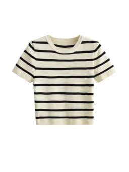 Women Fashion Striped Basic Cropped Knit Sweater Vintage O Neck Short Sleeve Female Pullovers Chic Tops