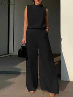 Elegant Chic Women's 2 Pieces Sets ZANZEA Woman 2025 Fashion Sleeveless Tops and Wide-Leg Pants Suits Outfit Minimalist Clothes