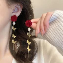 Vintage Wine Red Flocking Flower Drop Earrings For Women Jewelry 2026 Trending Long Bowknot Crystal Pearl Bridal Dress Earrings