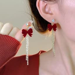 Vintage Wine Red Flocking Flower Drop Earrings For Women Jewelry 2026 Trending Long Bowknot Crystal Pearl Bridal Dress Earrings