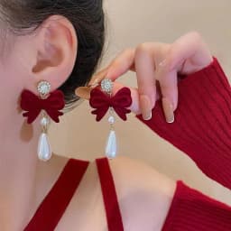 Vintage Wine Red Flocking Flower Drop Earrings For Women Jewelry 2026 Trending Long Bowknot Crystal Pearl Bridal Dress Earrings