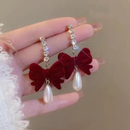 Vintage Wine Red Flocking Flower Drop Earrings For Women Jewelry 2026 Trending Long Bowknot Crystal Pearl Bridal Dress Earrings