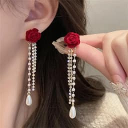 Vintage Wine Red Flocking Flower Drop Earrings For Women Jewelry 2026 Trending Long Bowknot Crystal Pearl Bridal Dress Earrings