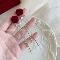 Vintage Wine Red Flocking Flower Drop Earrings For Women Jewelry 2026 Trending Long Bowknot Crystal Pearl Bridal Dress Earrings