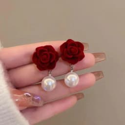 Vintage Wine Red Flocking Flower Drop Earrings For Women Jewelry 2026 Trending Long Bowknot Crystal Pearl Bridal Dress Earrings