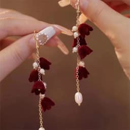 Vintage Wine Red Flocking Flower Drop Earrings For Women Jewelry 2026 Trending Long Bowknot Crystal Pearl Bridal Dress Earrings