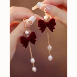Vintage Wine Red Flocking Flower Drop Earrings For Women Jewelry 2026 Trending Long Bowknot Crystal Pearl Bridal Dress Earrings