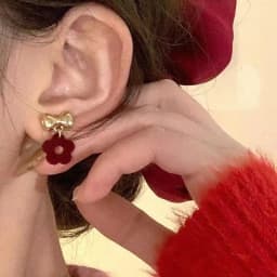 Vintage Wine Red Flocking Flower Drop Earrings For Women Jewelry 2026 Trending Long Bowknot Crystal Pearl Bridal Dress Earrings
