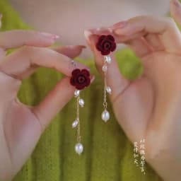 Vintage Wine Red Flocking Flower Drop Earrings For Women Jewelry 2026 Trending Long Bowknot Crystal Pearl Bridal Dress Earrings